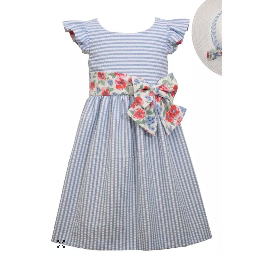 Bonnie Jean Blue Seersucker Stripe Dress Girls Size 2 Ruffle Sleeve Excellent ve
